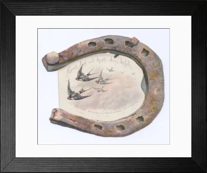 Framed Print : Swallows and rusty horseshoe on a Christmas card Framed Print : Swallows and rusty horseshoe on a Christmas card