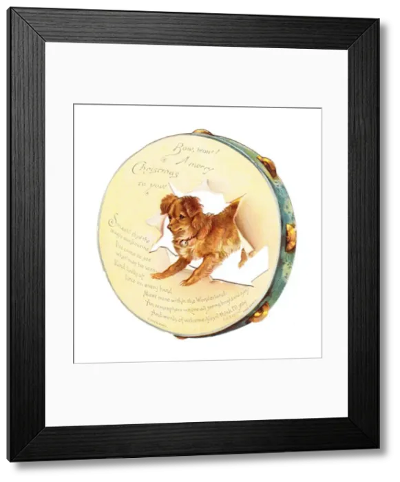 Framed Print : Dog on a tambourine-shaped Christmas card Framed Print : Dog on a tambourine-shaped Christmas card