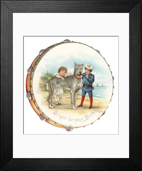 Framed Print : Children and dog on a tambourine-shaped birthday card Framed Print : Children and dog on a tambourine-shaped birthday card