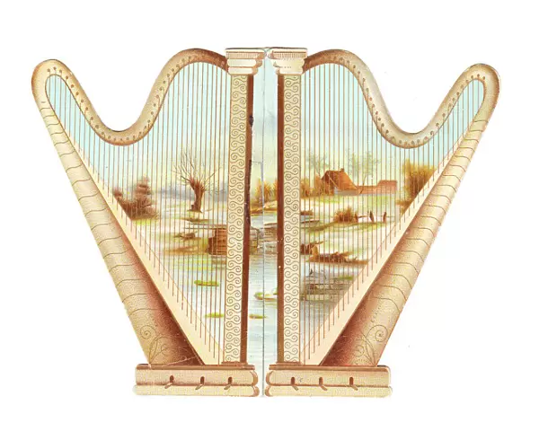 Two golden harps on a cutout greetings card