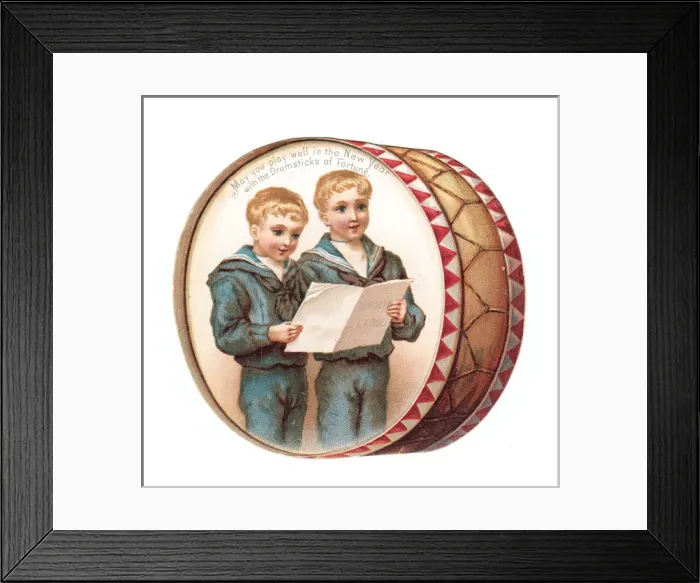 Framed Print : Two boys on a drum-shaped New Year card Framed Print : Two boys on a drum-shaped New Year card