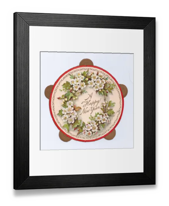 Framed Print : White flowers on a tambourine-shaped New Year card Framed Print : White flowers on a tambourine-shaped New Year card