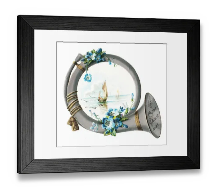 Framed Print : Blue flowers on a horn-shaped Christmas card Framed Print : Blue flowers on a horn-shaped Christmas card