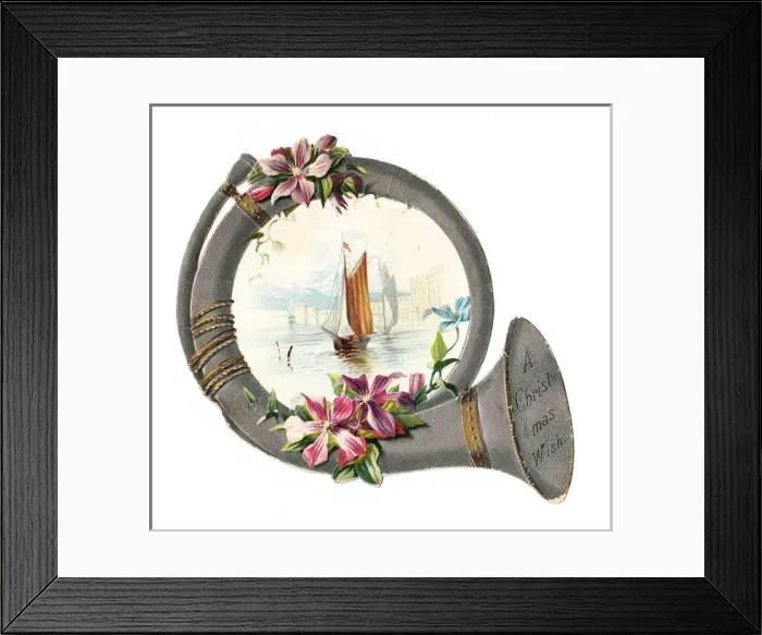 Framed Print : Pink flowers on a horn-shaped Christmas card Framed Print : Pink flowers on a horn-shaped Christmas card