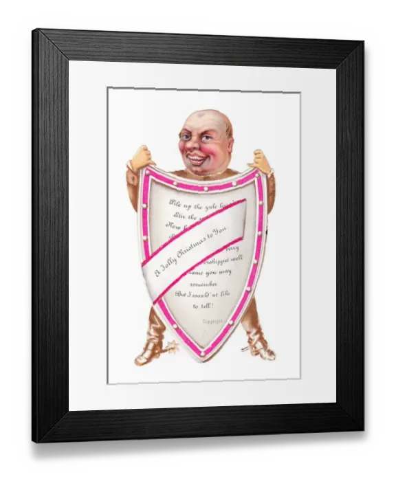 Framed Print : Christmas card in the shape of a man holding a shield Framed Print : Christmas card in the shape of a man holding a shield