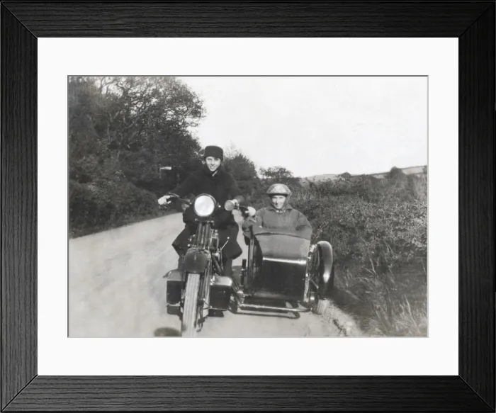 Framed Print : Two ladies on 1929 Enfield motorcycle Framed Print : Two ladies on 1929 Enfield motorcycle