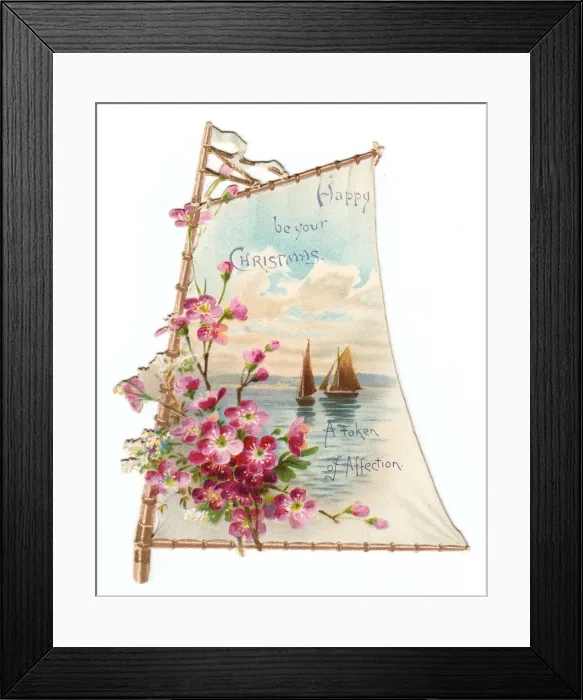 Framed Print : Pink flowers on a sail-shaped Christmas card Framed Print : Pink flowers on a sail-shaped Christmas card
