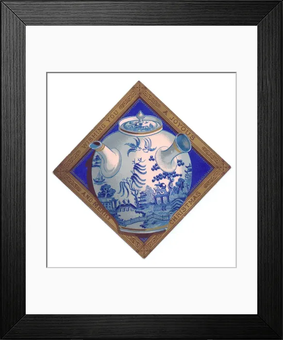 Framed Print : Blue and white china teapot on a Christmas card Framed Print : Blue and white china teapot on a Christmas card