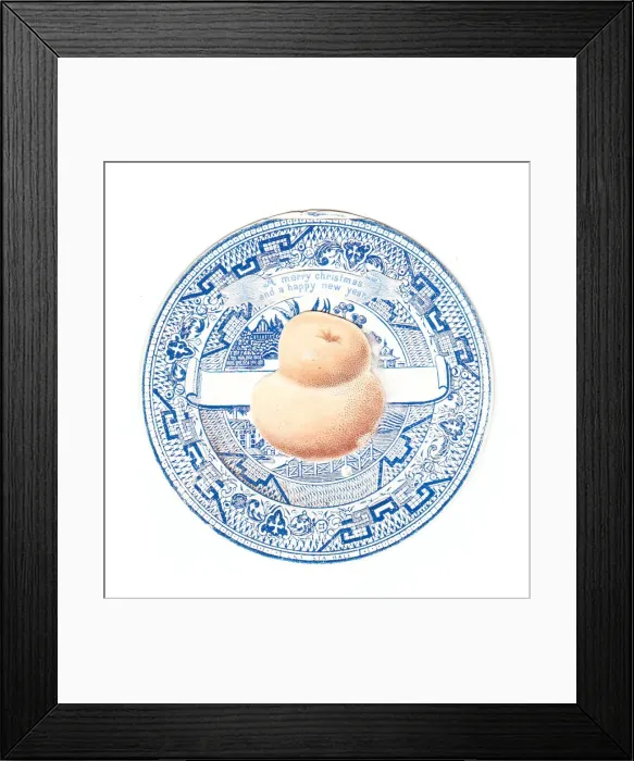 Framed Print : Blue and white plate with bread on a Christmas card