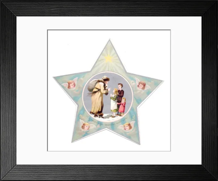 Framed Print : Father Christmas and children on star-shaped Christmas card Framed Print : Father Christmas and children on star-shaped Christmas card