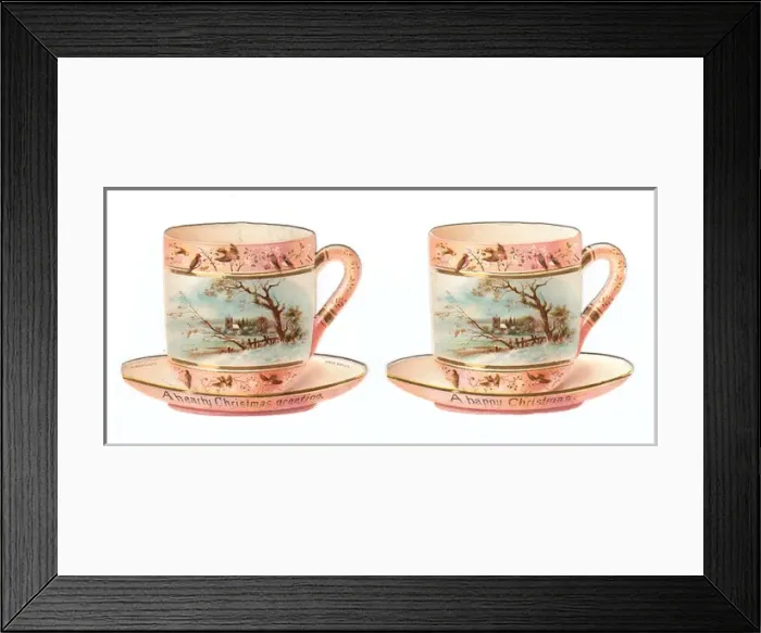 Framed Print : China cups and saucers on two cutout Christmas cards Framed Print : China cups and saucers on two cutout Christmas cards