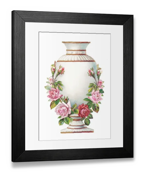 Framed Print : Vase decorated with roses on a cutout greetings card Framed Print : Vase decorated with roses on a cutout greetings card