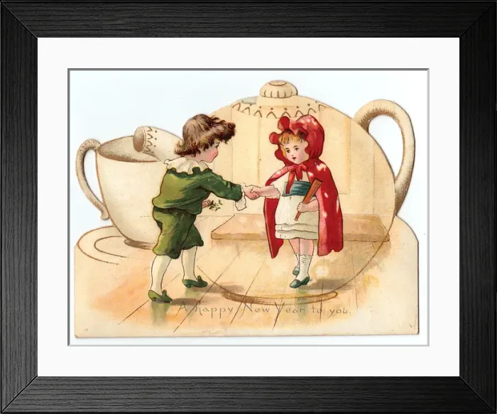 Framed Print : Boy and girl shaking hands on a New Year card Framed Print : Boy and girl shaking hands on a New Year card
