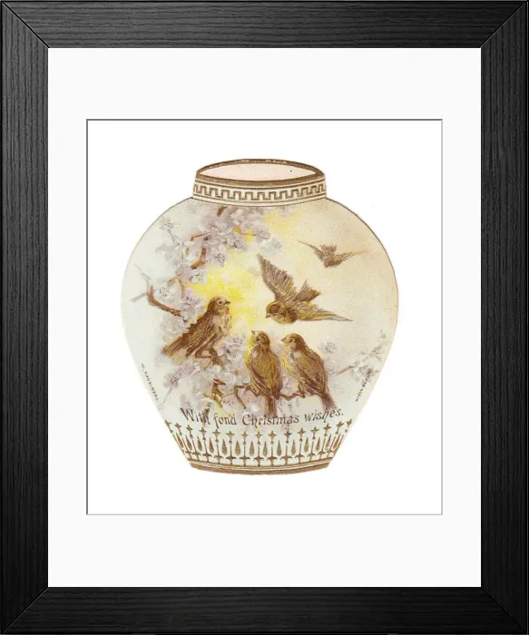 Framed Print : Vase decorated with birds on a cutout Christmas card Framed Print : Vase decorated with birds on a cutout Christmas card