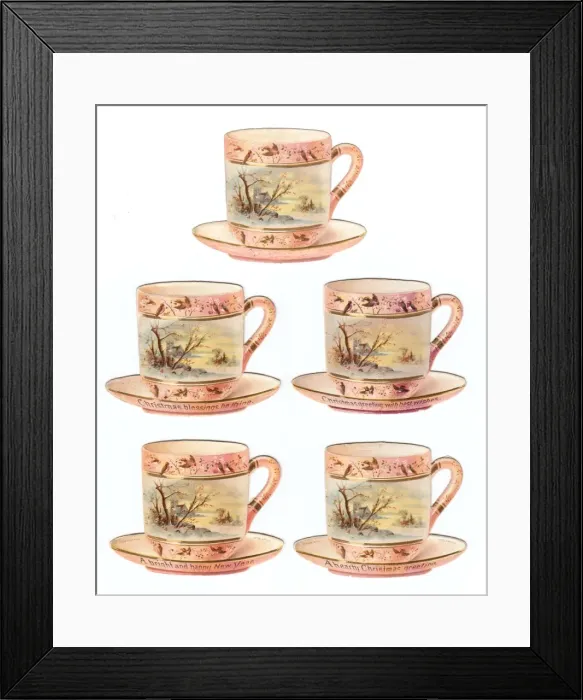 Framed Print : China cups and saucers on five cutout Christmas cards Framed Print : China cups and saucers on five cutout Christmas cards
