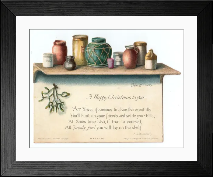 Framed Print : Pots and jars on a shelf on a cutout Christmas card Framed Print : Pots and jars on a shelf on a cutout Christmas card