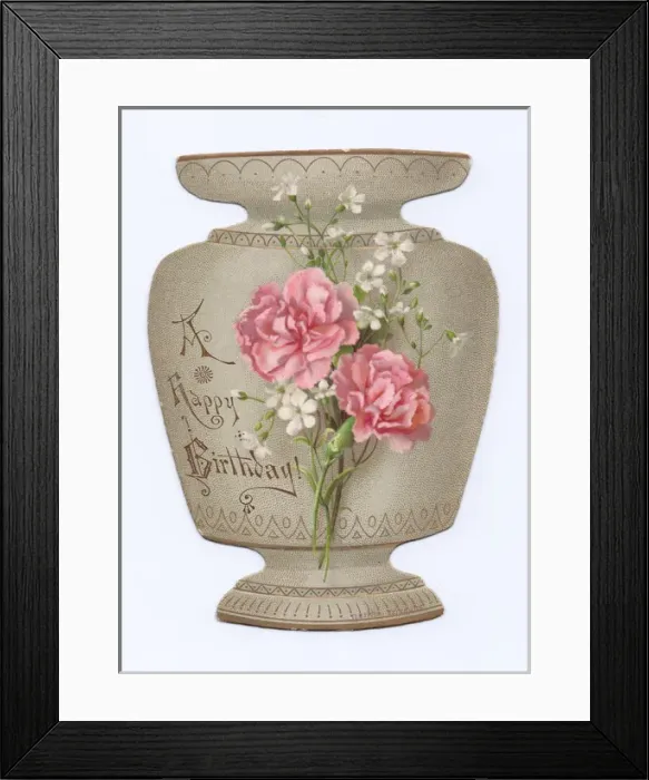 Framed Print : Vase decorated with flowers on a cutout birthday card Framed Print : Vase decorated with flowers on a cutout birthday card