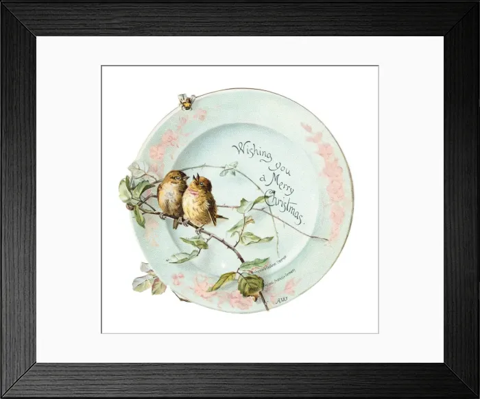 Framed Print : Two sparrows on a plate-shaped Christmas card Framed Print : Two sparrows on a plate-shaped Christmas card