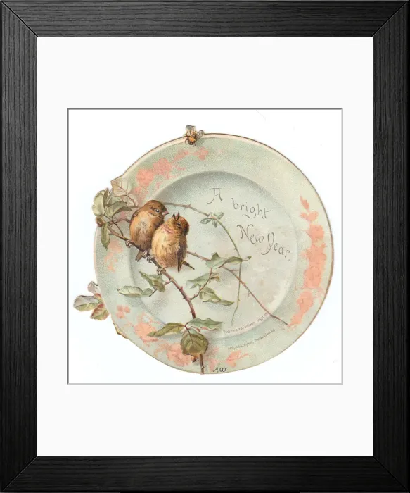 Framed Print : Two sparrows on a plate-shaped New Year card Framed Print : Two sparrows on a plate-shaped New Year card