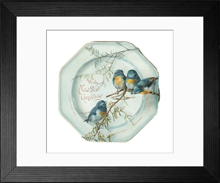 Framed Print : Four robins on a plate-shaped New Year card Framed Print : Four robins on a plate-shaped New Year card