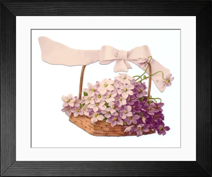 Framed Print : Violets in a basket on a cutout greetings card Framed Print : Violets in a basket on a cutout greetings card