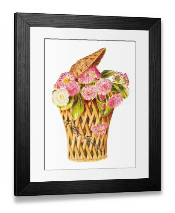 Framed Print : Pink daisies in a basket on a cutout Christmas card Framed Print : Pink daisies in a basket on a cutout Christmas card