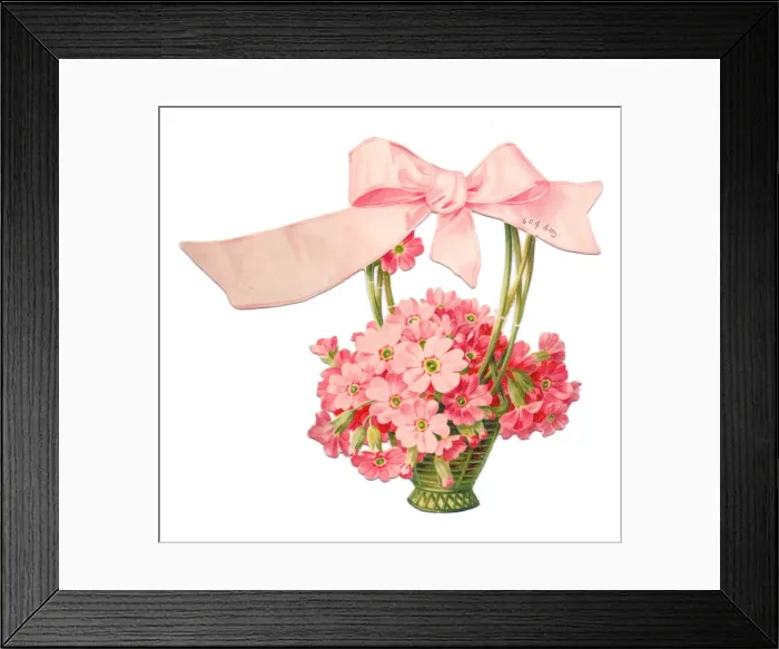 Framed Print : Pink flowers in a basket on a cutout greetings card Framed Print : Pink flowers in a basket on a cutout greetings card
