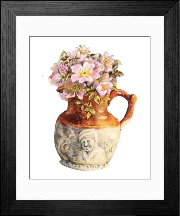 Framed Print : Pink flowers in a jug on a cutout Christmas card Framed Print : Pink flowers in a jug on a cutout Christmas card