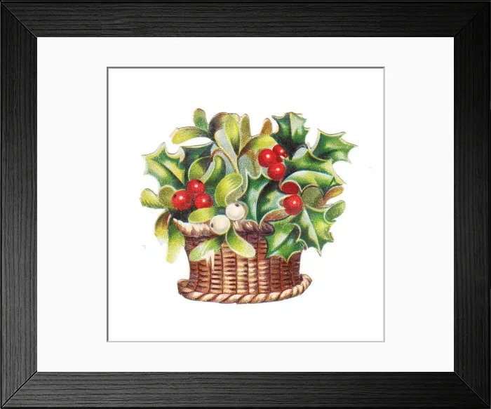 Framed Print : Holly and mistletoe in a basket on a Christmas card Framed Print : Holly and mistletoe in a basket on a Christmas card