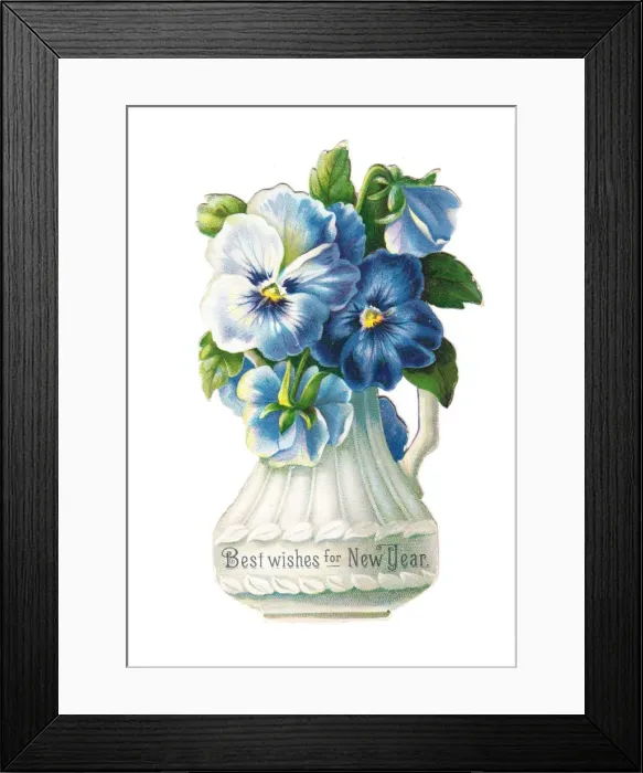Framed Print : Blue flowers in a white jug on a cutout New Year card Framed Print : Blue flowers in a white jug on a cutout New Year card