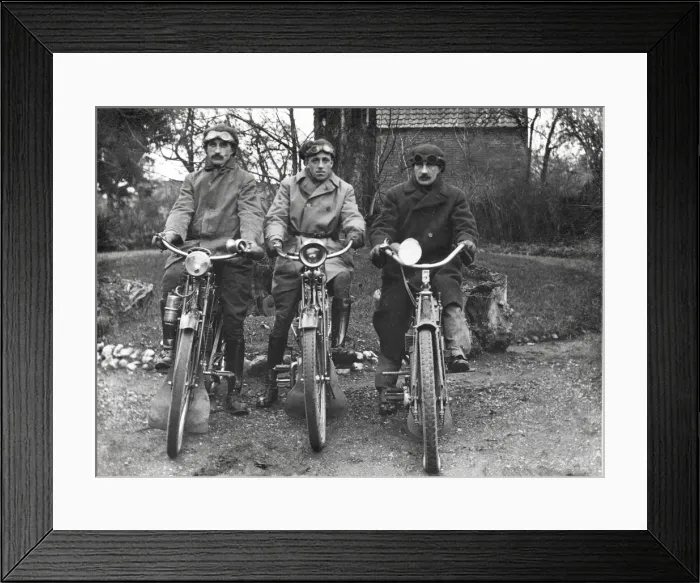 Framed Print : Three bikers on veteran motorcycles Framed Print : Three bikers on veteran motorcycles