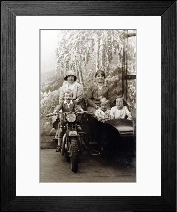 Framed Print : Ladies and children on a 1929 Coventry Eagle motorcycle & si Framed Print : Ladies and children on a 1929 Coventry Eagle motorcycle & si