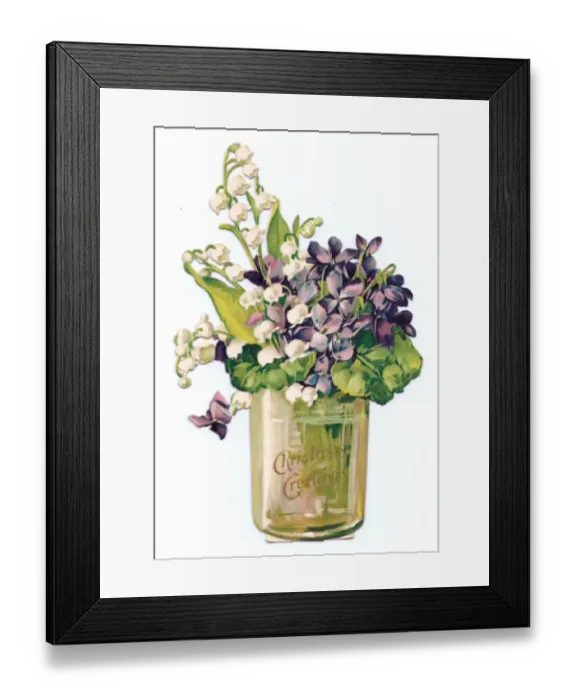 Framed Print : Purple and white flowers in a jar on a cutout Christmas card Framed Print : Purple and white flowers in a jar on a cutout Christmas card