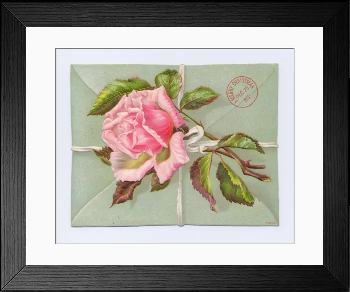 Framed Print : Envelope with pink rose on a Christmas card Framed Print : Envelope with pink rose on a Christmas card