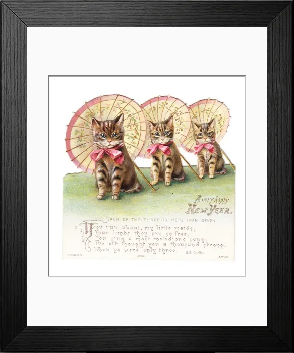 Framed Print : Three cats with parasols on a cutout New Year card Framed Print : Three cats with parasols on a cutout New Year card
