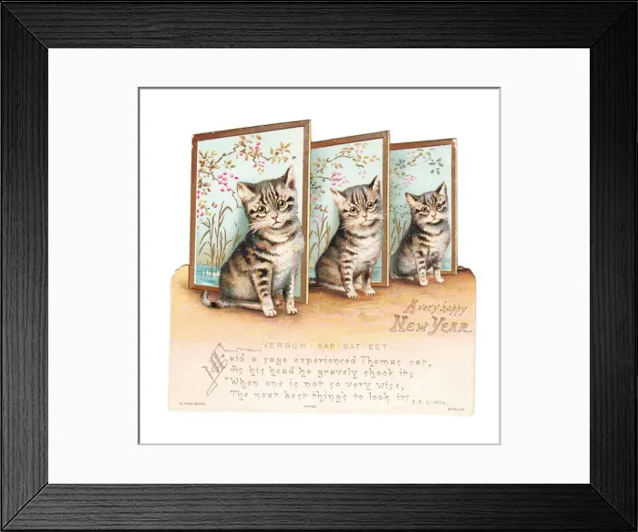 Framed Print : Three kittens on a cutout New Year card Framed Print : Three kittens on a cutout New Year card