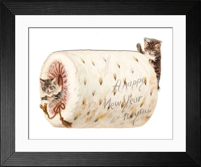 Framed Print : Two kittens with muff on a cutout New Year card Framed Print : Two kittens with muff on a cutout New Year card
