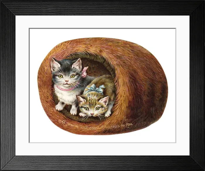 Framed Print : Two kittens inside a muff on a cutout Christmas card Framed Print : Two kittens inside a muff on a cutout Christmas card