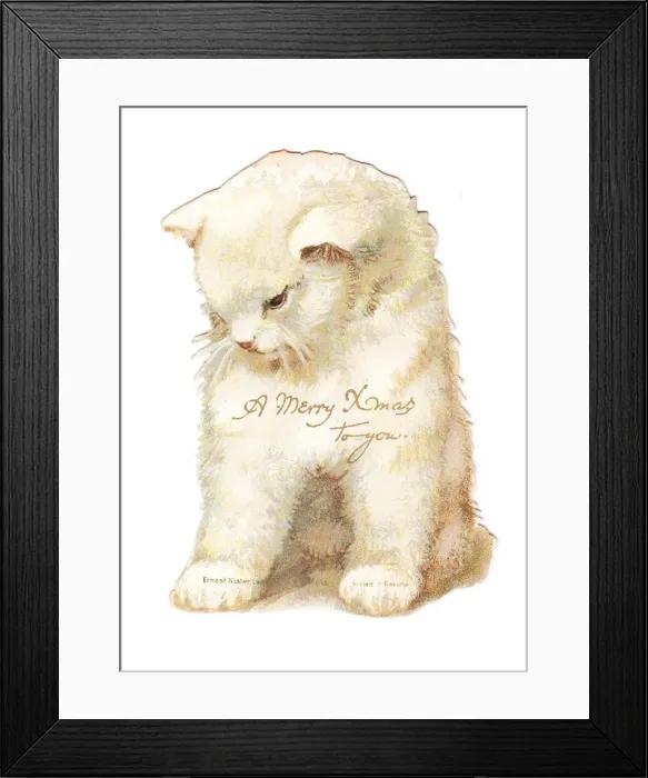 Framed Print : Christmas card in the shape of a white kitten Framed Print : Christmas card in the shape of a white kitten