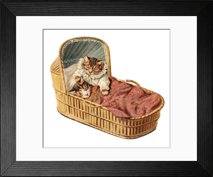 Framed Print : Two kittens in a cradle on a cutout greetings card Framed Print : Two kittens in a cradle on a cutout greetings card