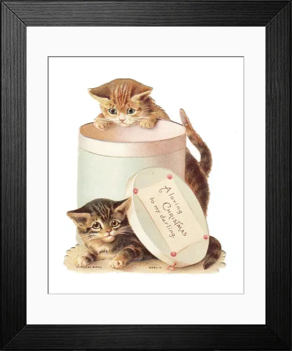 Framed Print : Two kittens playing with a hatbox on a Christmas card Framed Print : Two kittens playing with a hatbox on a Christmas card