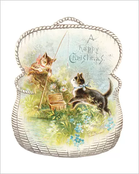 Two cats fishing on a cutout Christmas card