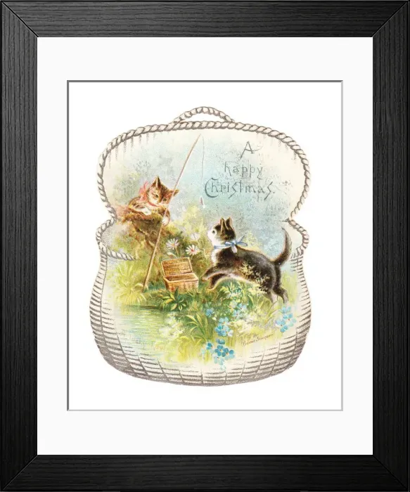 Framed Print : Two cats fishing on a cutout Christmas card Framed Print : Two cats fishing on a cutout Christmas card