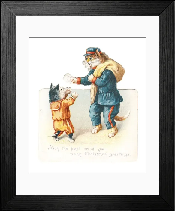 Framed Print : Kitten with cat postman on a cutout Christmas card Framed Print : Kitten with cat postman on a cutout Christmas card