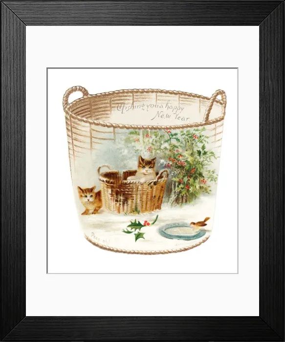 Framed Print : Two kittens and a bird on a cutout New Year card Framed Print : Two kittens and a bird on a cutout New Year card