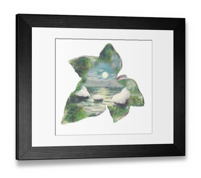 Framed Print : Greetings card in the shape of a green leaf with seascape Framed Print : Greetings card in the shape of a green leaf with seascape
