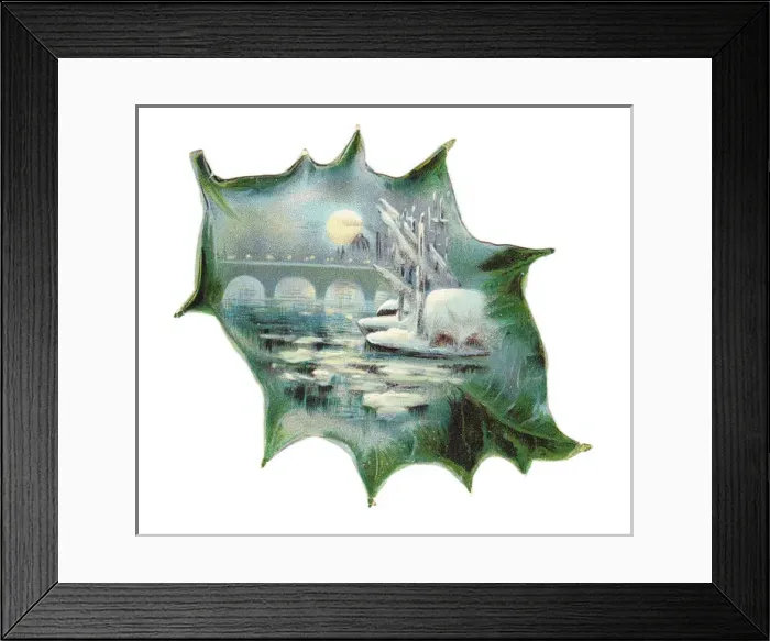 Framed Print : Greetings card in the shape of a green leaf with river scene Framed Print : Greetings card in the shape of a green leaf with river scene