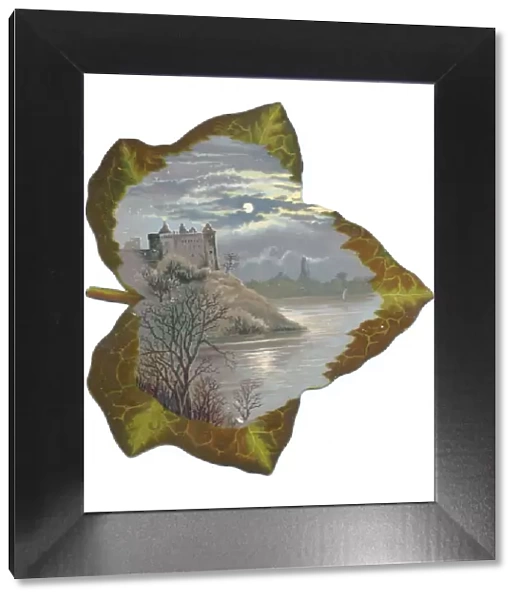 Greetings card in the shape of a leaf with moonlit scene