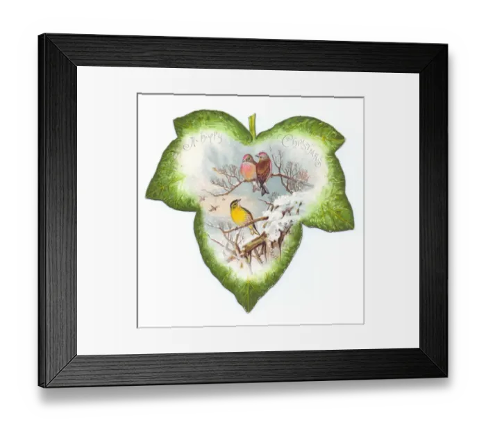 Framed Print : Christmas card in the shape of a green leaf with birds Framed Print : Christmas card in the shape of a green leaf with birds