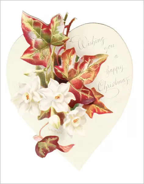 Christmas card with autumn leaves and white flowers